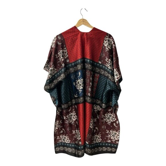 FREE PEOPLE Mon Cheri Silky Patchwork Kimono One Size Boho Red Teal NWOT - Picture 5 of 9